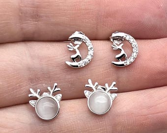 Sterling Silver Reindeer & Moon CZ Stud Earrings, Matched or Mismatched