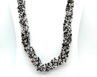 Vintage Joan Rivers Twisted Black, White & Gold Seed Bead Multi-Strand Necklace - 32"
