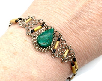 Vintage Porcupine Quill & Green Jasper Bracelet - 6.75"