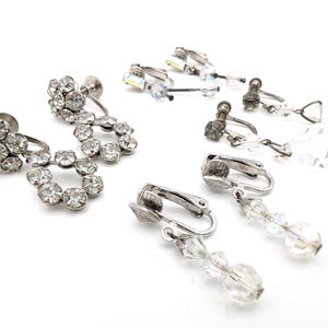 4 Pairs of 1960&#39;s Vintage Silver Tone Clip On/Screw Back Rhinestone & Crystal Earrings