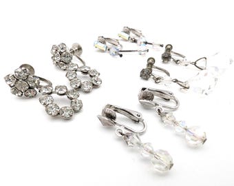 4 Pairs of 1960's Vintage Silver Tone Clip On/Screw Back Rhinestone & Crystal Earrings