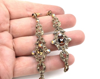 Elegant Gold Tone & Aurora Borealis Rhinestone Long Dangle Earrings - 3"