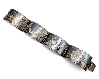 Mid-Century Sterling Silver Mexico Storyteller Niello Panel Bracelet - 7.5"