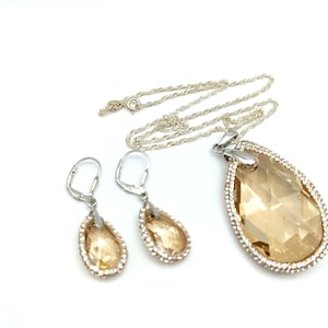 Vintage Sterling Silver, Crystal & Faux Morganite Pendant and Earrings Set