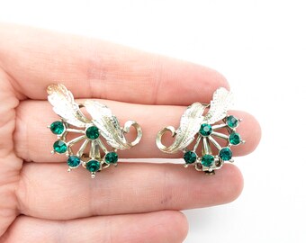 Vintage Green Rhinestone Clip Earrings