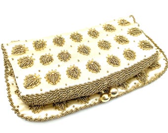 Vintage Cream Satin & Gold Glass Beaded Fold-Over Clutch Purse Signed Kishu's - 8"