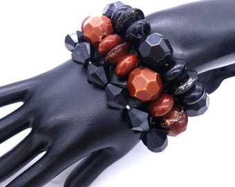 Set of 3 Vintage Black and Brown Plastic Bead Stretch Bracelets