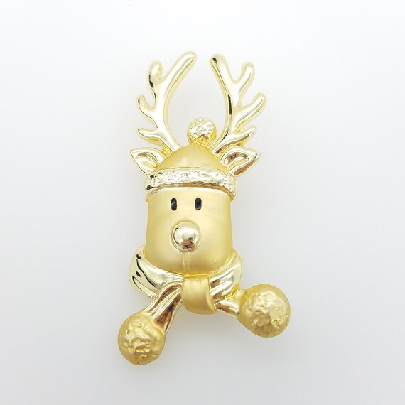 Brushed Gold Tone Reindeer Brooch Signed AJC - image 2