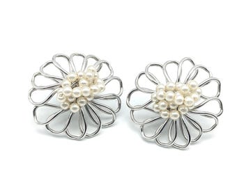 Vintage Signed Napier Faux Pearl & Silver Tone Clip On Earrings