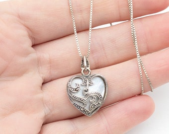 Sterling Silver, Marcasite & Mother of Pearl Heart Pendant Necklace - 18"