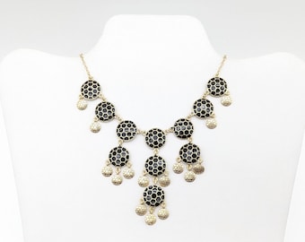 Vintage Gold & Black Enamel Bib Necklace Signed Marilyn Schiff - 16-18.5" Adjustable