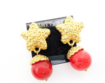 Old Stock Gold Star & Red Ball Dangle Clip On Earrings by Twenty West