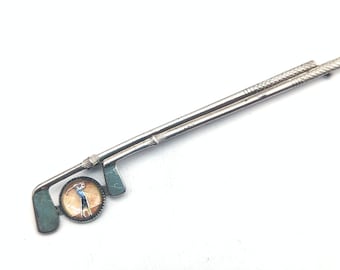1940s Painted Glass Female Golfer and Golf Clubs Brooch - 3.75"
