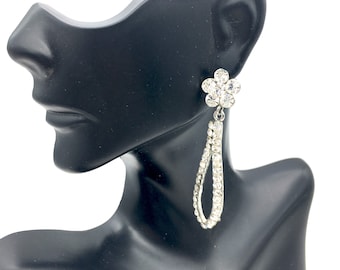 Vintage Silver Tone & Rhinestone Dangle Prom / Wedding Earrings