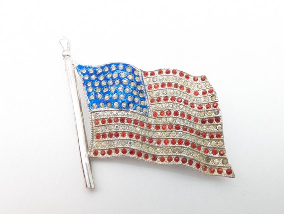 Vintage Rhinestone American Flag Brooch - 1.5" - image 3