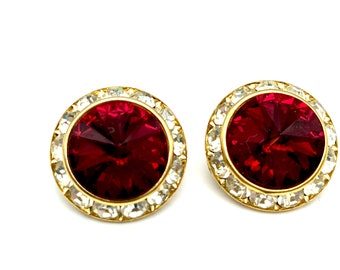 Vintage Rose Cut Red & White Rhinestone Gold Circle Clip Earrings - .75"