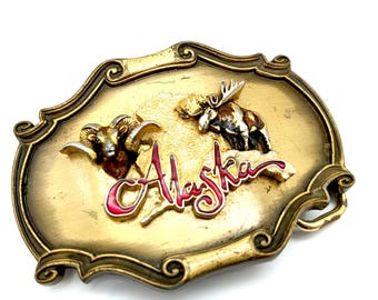 Vintage 1978 Brass & Enamel Alaska Figural Sheep and Moose Belt Buckle by Plaintree