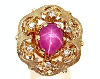 14K Gold Natural Pink Star Ruby & Diamond Estate Ring - Size 7, Resizeable