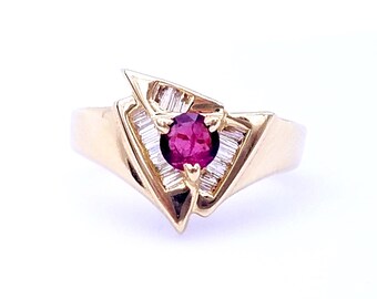14K Gold & Natural Ruby and Diamond Modernist Statement Ring - Size 6.75