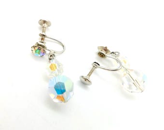Vintage Aurora Borealis Faceted Crystal Dangle Earrings With Silver Tone Screw-Backs