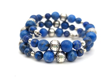 Vintage Carolyn Pollack Lapis, Sodalite & Sterling Silver Memory Wire Beaded Wrap Bracelet
