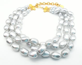 Triple Strand Faux Baroque Silver Pearl Necklace Signed Carolee- 15-18" Adjustable