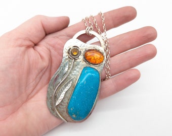 Huge Vintage Turquoise & Sterling Silver Modernist Leaf Pendant Necklace