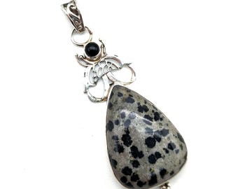 Dalmatian Jasper, Onyx and Sterling Silver Fly Pendant