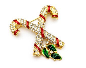 Vintage Rhinestone & Red Enamel Candy Canes Brooch