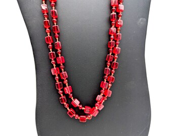 Opera Length Vintage Cherry Red Glass Bead Hand-Knotted Necklace - 52"