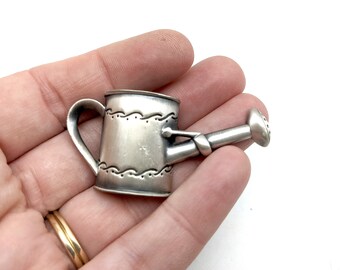 Vintage Pewter-Tone Watering Can Brooch