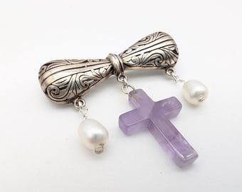 Vintage Sterling Silver, Amethyst & Pearl Dangle Bow Brooch Signed Jezlaine