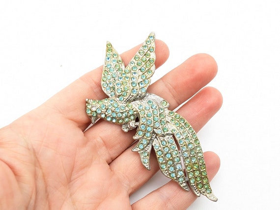 Large 1930s Blue & Green Rhinestone Bird Brooch -… - image 2