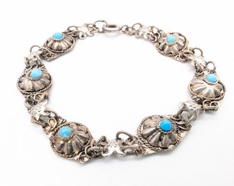 Antique Israeli-Made 800 Silver & Turquoise Floral Link Bracelet - 7"