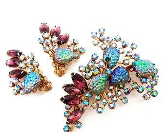 Rainbow Lava Rhinestone Brooch and Clip Earrings Set