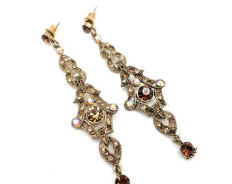 Elegant Gold Tone & Aurora Borealis Rhinestone Long Dangle Earrings - 3"