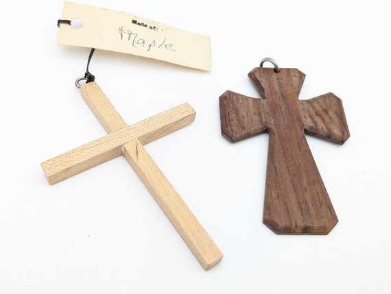 Two Large Vintage Handmade Wood Cross Pendants - image 2