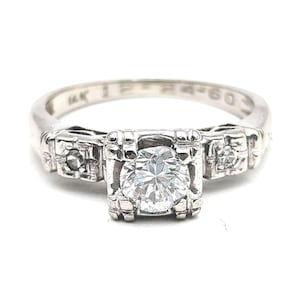 Half Carat VS-1 Diamond 14K White Gold Art Deco Engagement Ring, Size 4.75 Resizeable
