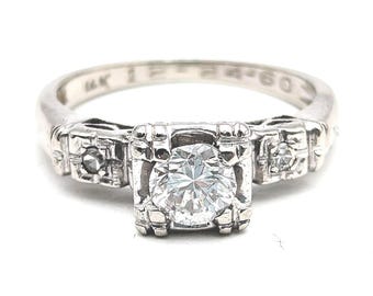 Half Carat VS-1 Diamond 14K White Gold Art Deco Engagement Ring, Size 4.75 Resizeable