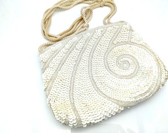 Vintage Swirled White Sequined Beaded Evening Bag / Clutch by LaRegale