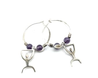 Sterling Silver Amethyst Hoop Dangle Modernist Earrings
