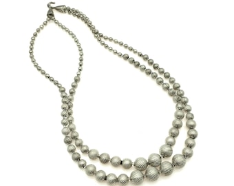 Beaded Silver Tone Double Strand Necklace - 16"