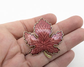 Vintage Guilloche Enamel Red & Gold Maple Leaf Brooch - 1.75"