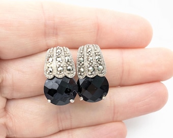 Sterling Silver, Marcasite & Black Onyx Drop Clip Earrings