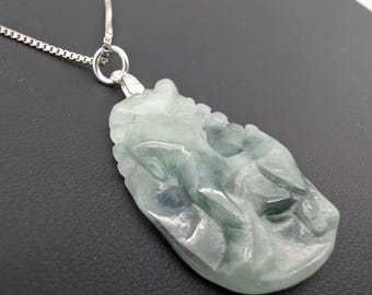Sterling Silver & Carved Jade Chinese Zodiac Rabbit Pendant Necklace - 18"