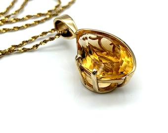 One of a Kind 14K Gold & 18 Carat Honey Orange Fantasy Cut Citrine Pendant or Necklace - 18"