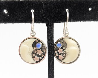 Vintage Sterling Silver & Opal Sun, Moon and Stars Dangle Earrings