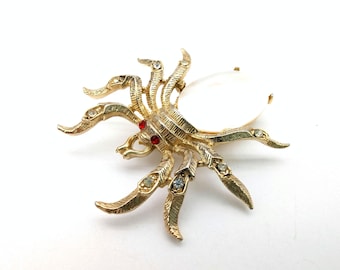 Large Vintage Mother of Pearl & Rhinestone Spider Brooch - 2"