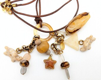 Beaded Stone Leather Fetish Charm Pendant Necklace Signed Three Ladies - 32"