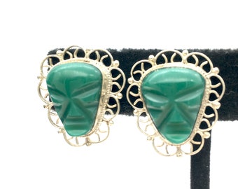 Vintage Carved Green Onyx & Sterling Silver Aztec Warrior Mask Screw-Back Earrings